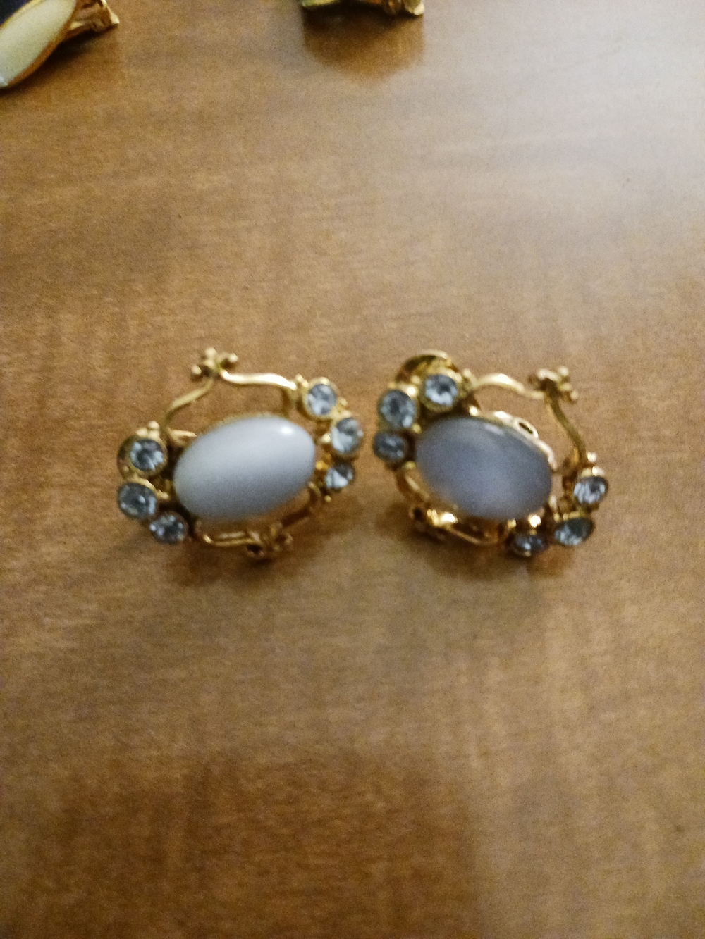 Avon Gold-Tone White Cabochon Brooch Pair with Clear Crystals